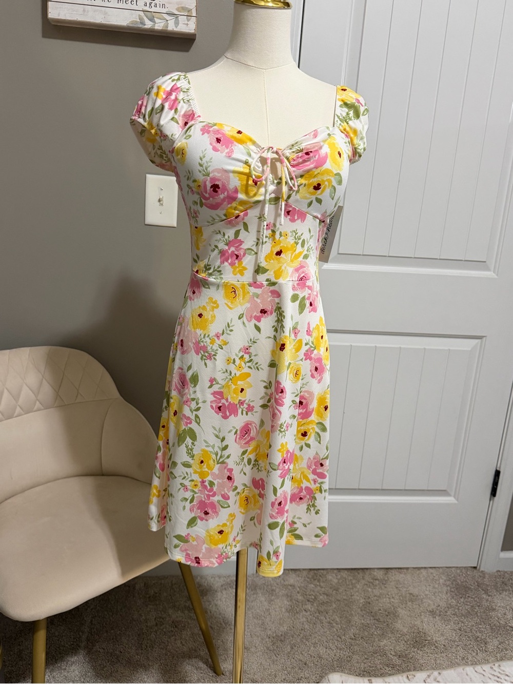 Derek Heart White Mini Dress with Pink & Yellow Floral Print
